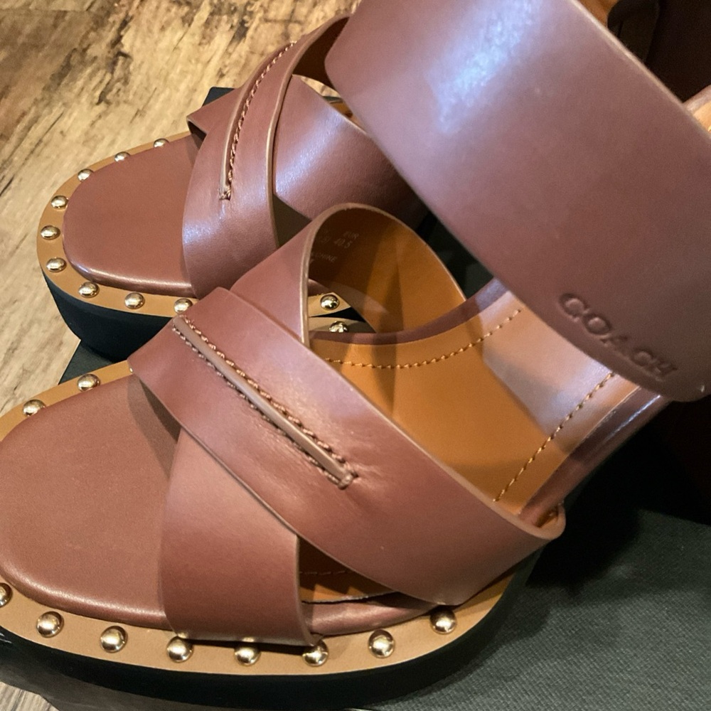 Coach Brown Leather Studded Platform Sandals - Picture 6 of 6